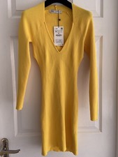 BNWT Zara Yellow Ribbed Knit Open Back Strachey Bodycon Dress Size M