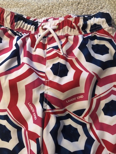 Lands End Boys Sz L 10-12 10s-12s Swim Trunks Shorts Red White Blue Geometric - Picture 2 of 4