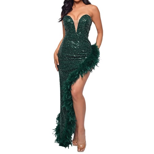 Ladies Evening Dress Tube Top Backless Side Slit Sexy Sequin Feather Gown 1920s - Picture 13 of 66