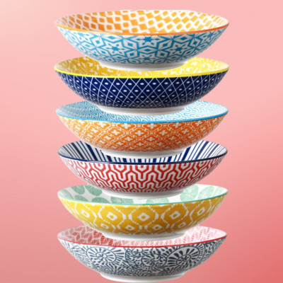 40oz Porcelain Large Bowls, 9-inch Pasta Salad Bowls, Set of 6, Microwave Safe