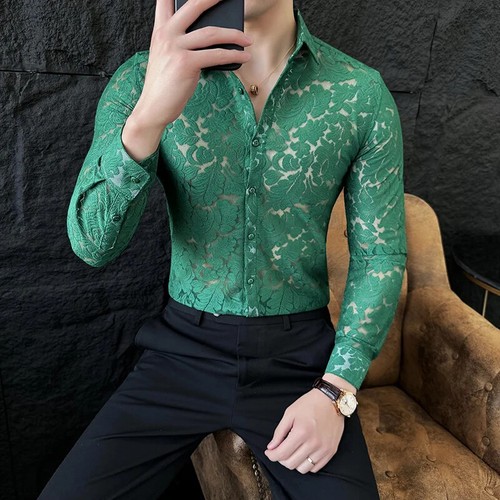 Men's Mesh See Through Flower Lace Sheer Shirt Long Sleeve Sexy Slim Shirts - Bild 6 von 19