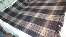 Antique PLAID WOOL BLANKET Double Thick,Fringe,68"x54"