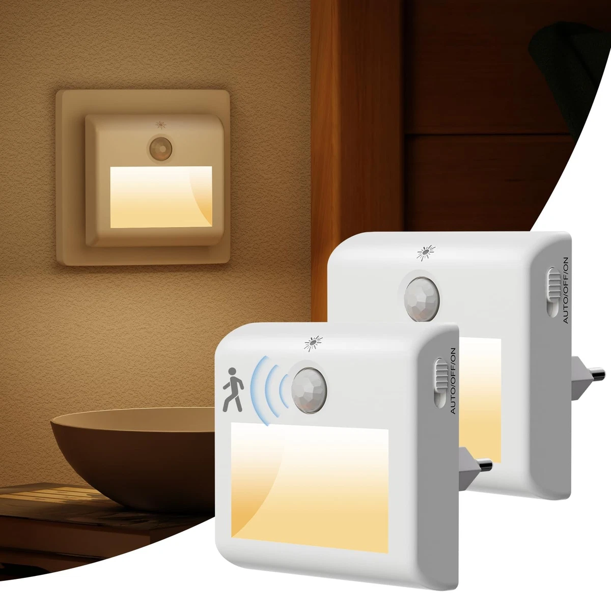 Swoieltr Luce Notturna con Sensore di Moviment, 2 Pezzi Ricaricabile Luce Notturna a Led ON/OFF/AUTO Modalità, 2700K Bianco Caldo Luce Bambini per