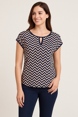 Emi & Joe Short Sleeve  Cap Chevron Navy & Tan Blouse Size M