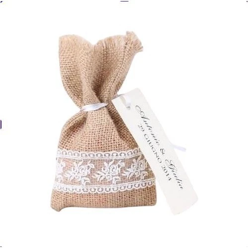 Sachets bourses à dragées - Dentelle et Jute - Lot de 10 - Photo 1/2