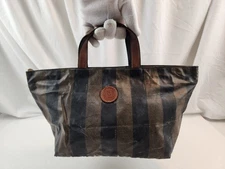 Authentic FENDI Pequin Stripes Mini Tote Handbag Pouch Canvas Multicolor Bag FF