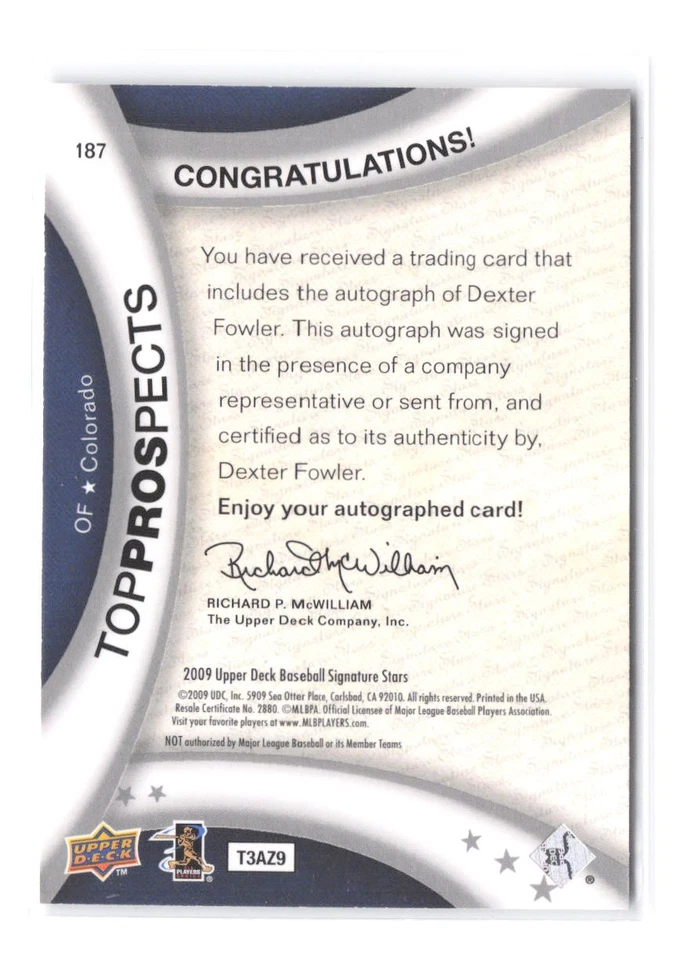 Upper Deck Signature Stars 2009 Dexter Fowler automático radiocontrol 187 autógrafo Rockies Foto 2 de 2