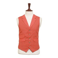 Mens Vest 44R Orange Beige Check Waistcoat XL Formal Wedding Prom Party Groom