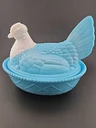 Vintage Blue Glass Hen with White Head - Hen on Nest Dish milk slag turkey Read