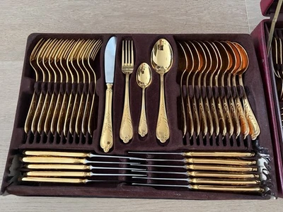 Vintage Solingen Besteckset 23/24 Karat hartvergoldet im Koffer-Rostfrei Germany - Bild 1 von 4