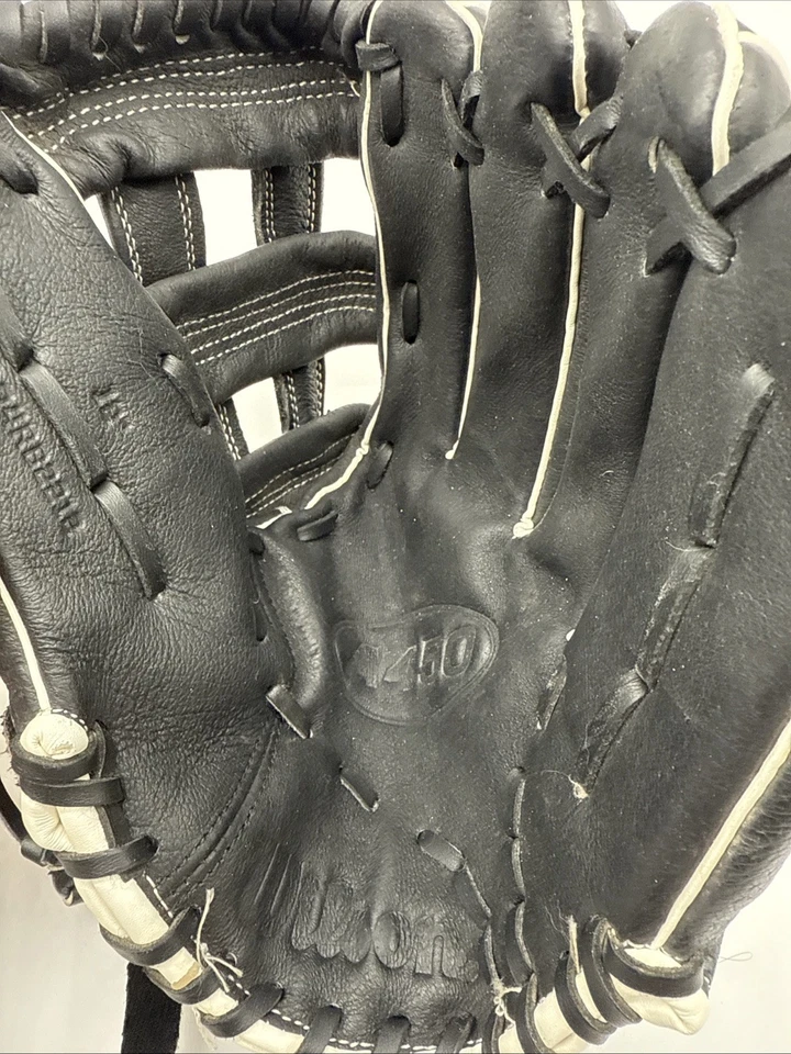 Guante de béisbol Wilson A450 12 pulgadas tiro a la derecha negro blanco tela en H cuero juvenil Foto 3 de 4