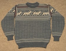 VTG LLBean Nordic Fair Isle Wool Sweater 100 Wool Blue Deer Norway - READ 
