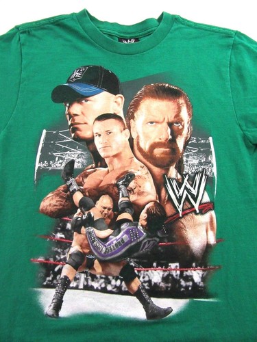 Boys Youth WWE Wrestling John Cena Randy Orton Triple H Green T Shirt Size L - Picture 2 of 6