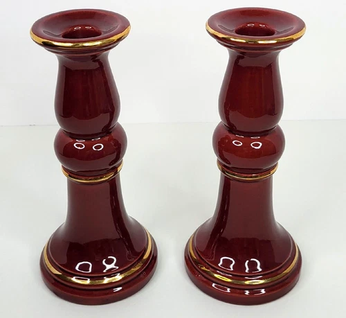 Vintage Royal Haeger Candlestick Holders Burgundy Gold Rimmed Art Pottery