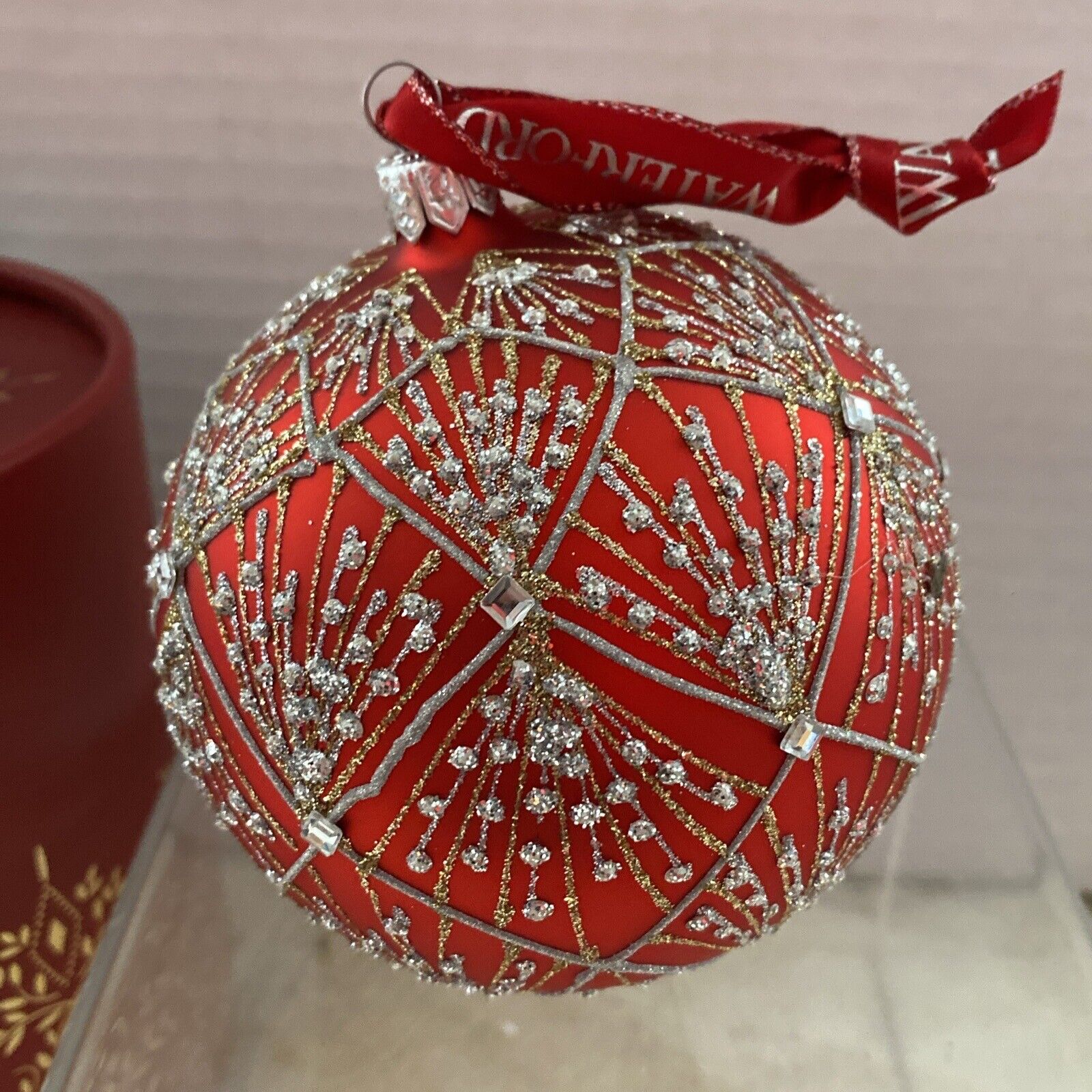 Waterford Holiday Heirlooms Red Tinsel Ball Ornament Box Tags Hanger  Poland