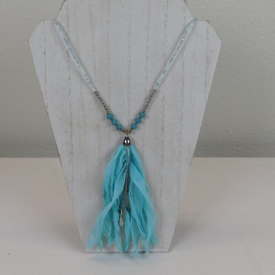 Cato C1946 Blue Silver Beaded Necklace Hanging Tassel Fringe Pendants 27'' Long