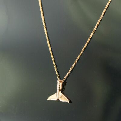 14K Gold Natural Diamond Whale Tail Pendant Necklace-Everyday Wear