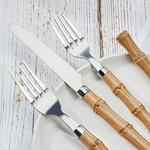 Bamboo Handle Silverware Set 20 Pcs Set for 4 Stainless Steel Flatware Set - Picture 3 of 7