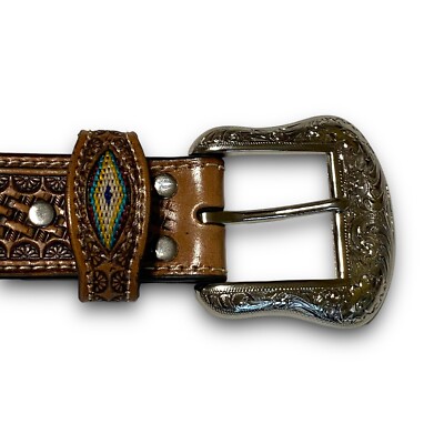 Nocona Mens Western Brown Leather Embossed Braided Belt Size  display picture 1