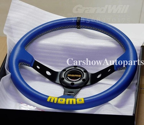 MOMO 350mm 14' Genuine Leather Deep Cone Blue CoverEmbroide Sport Steering Wheel - Picture 2 of 9