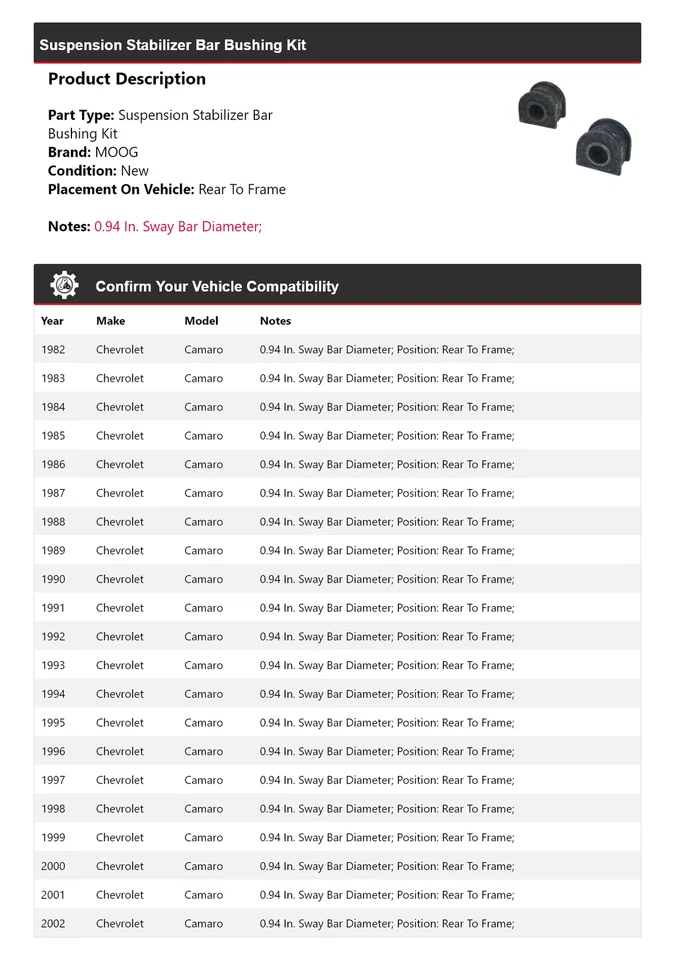 Kit de buje de barra estabilizadora de suspensión para Chevrolet Camaro 1982-2002 MOOG 1982 Foto 2 de 4