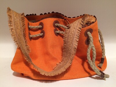 MO by Maria Roca Women's orange linen handbag raffia strap boho dust cloth new 