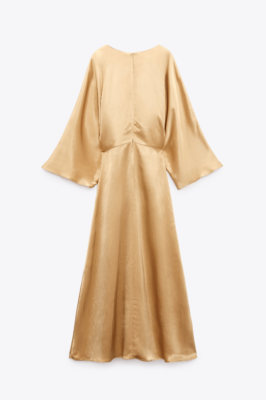 gold midi satin dress Destiny | Yellow Satin Asymmetric-Neck Midi Dress With Feather Details