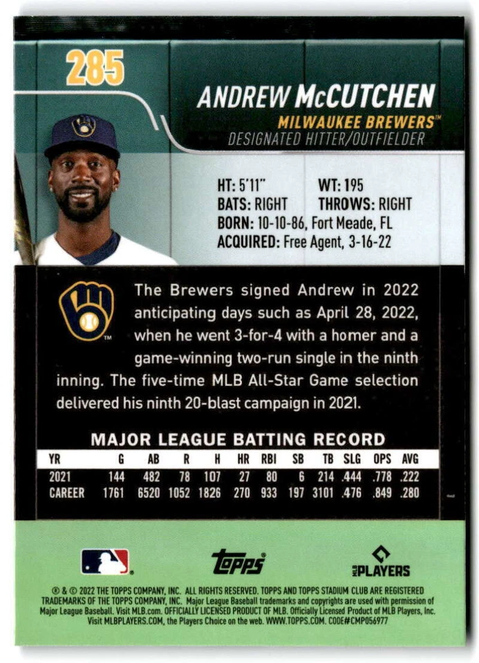 2022 Topps Stadium Club Chrome #285 Andrew McCutchen  Milwaukee Brewers - Image 2 of 2