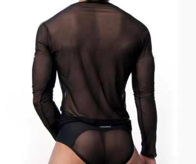 Sheer Mesh Men's T-shirt Long-Sleeve Ultrathin Transparent Stretch Muscle Tee