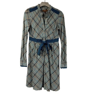 Paul Frank Dress Plaid Lace Long Sleeve Blue Green Small Vintage