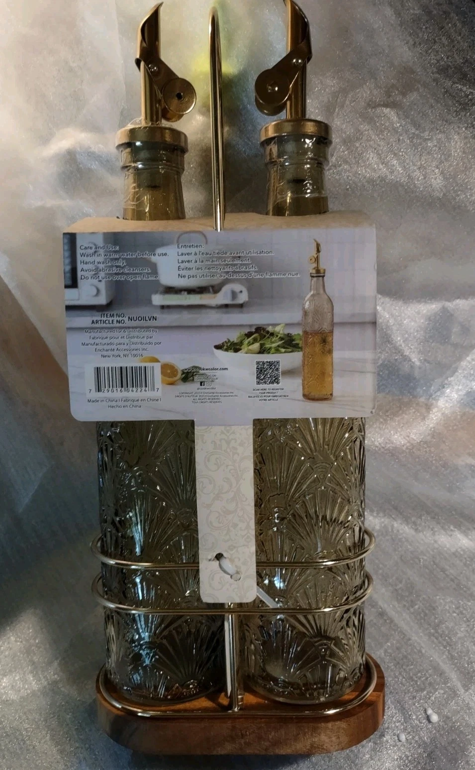 New Textured Glass Oil & Vinegar Cruet Set Gold Caddy