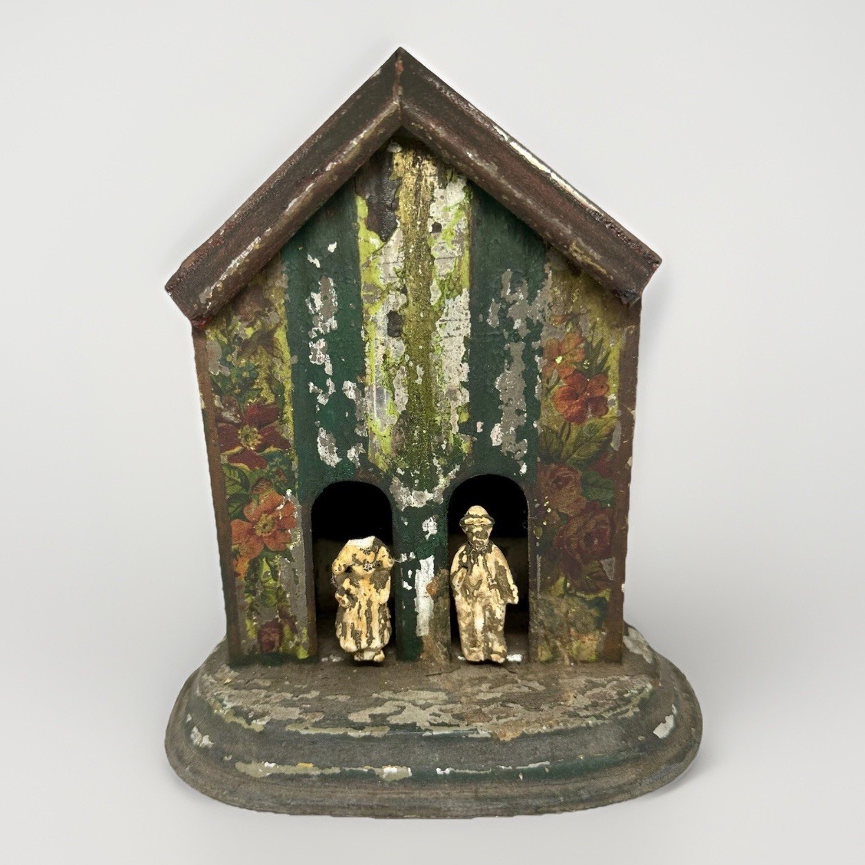 Antique German Tin Litho Weather House Barometer With Figures