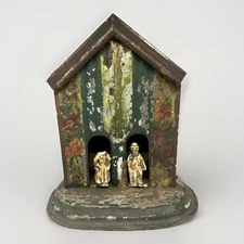 Antique German Tin Litho Weather House Barometer With Figures