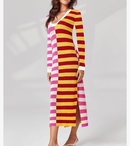 Womens Long Sleeve Striped Dress Knitted Scoop Neck Casual Maxi Sweater Dress - Picture 2 of 8