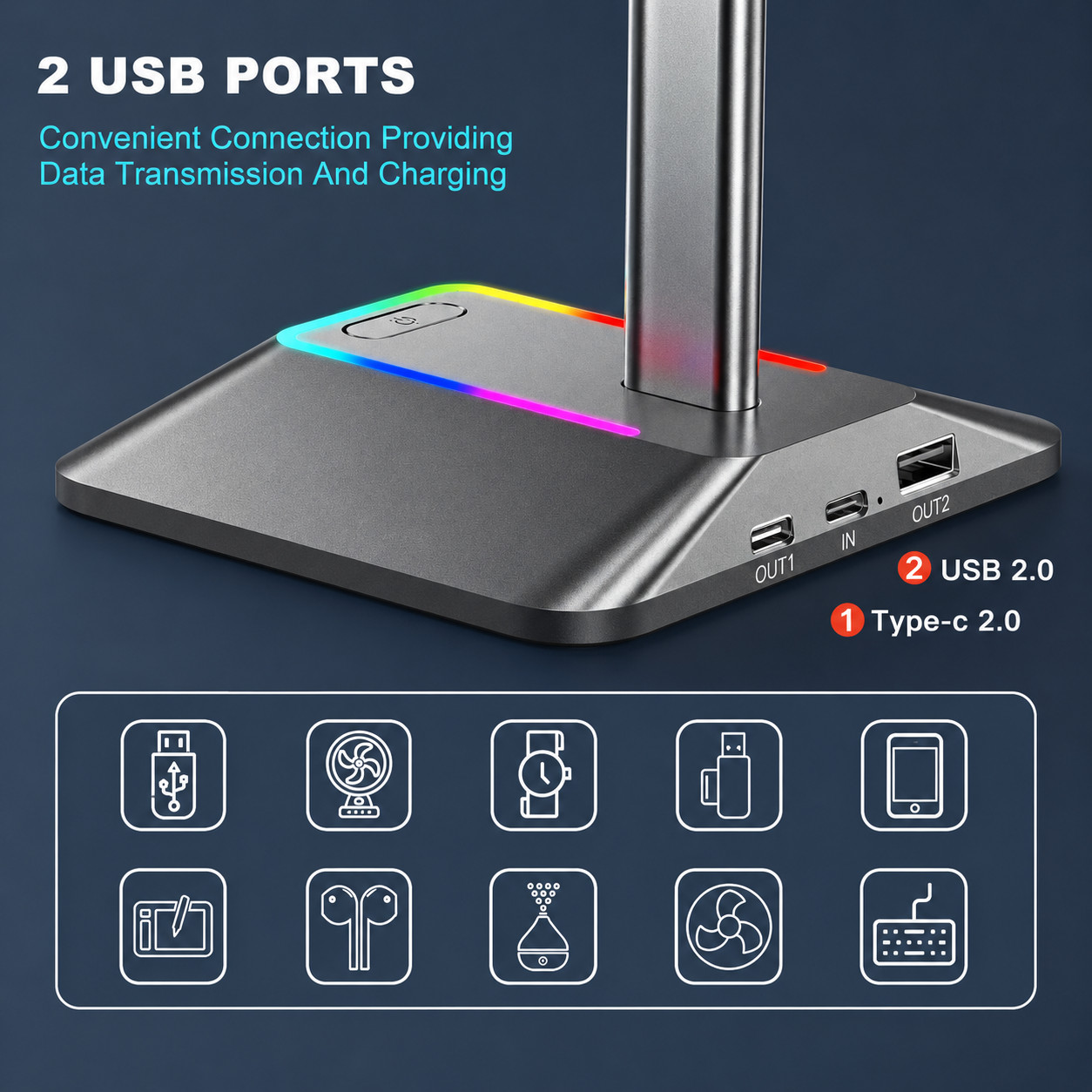 Support de casque gamer RGB et hub USB pour optimiser l'espace de votre bureau de jeu - 3