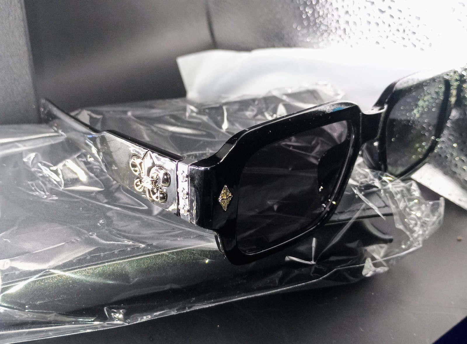 Chrome Hearts  Square Unisex Sunglasses Black Frame Black Lens Silver logo 