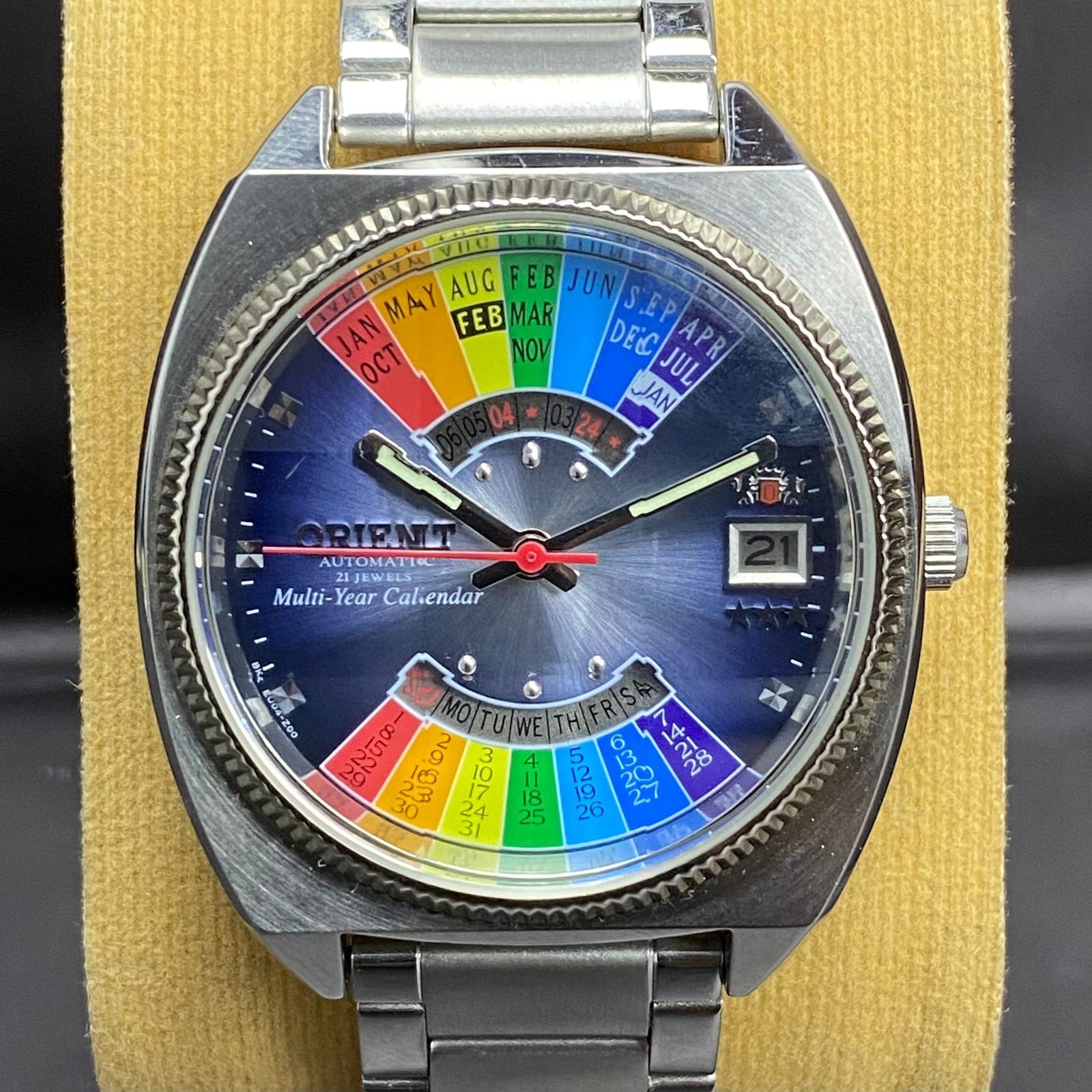 Rare Orient Multiyear Blue Rainbow Dial DayDate A… - image 1