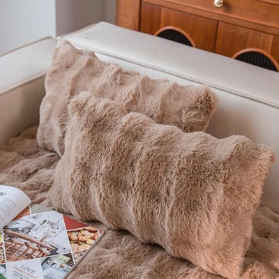 Neelvin Camel Faux Fur Pillow Covers Set of 2, Luxury Soft Fluffy Throw Pillow