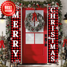 Buffalo Plaid Merry Christmas Porch Sign Set Outdoor Yard Door Banner Xmas Decor