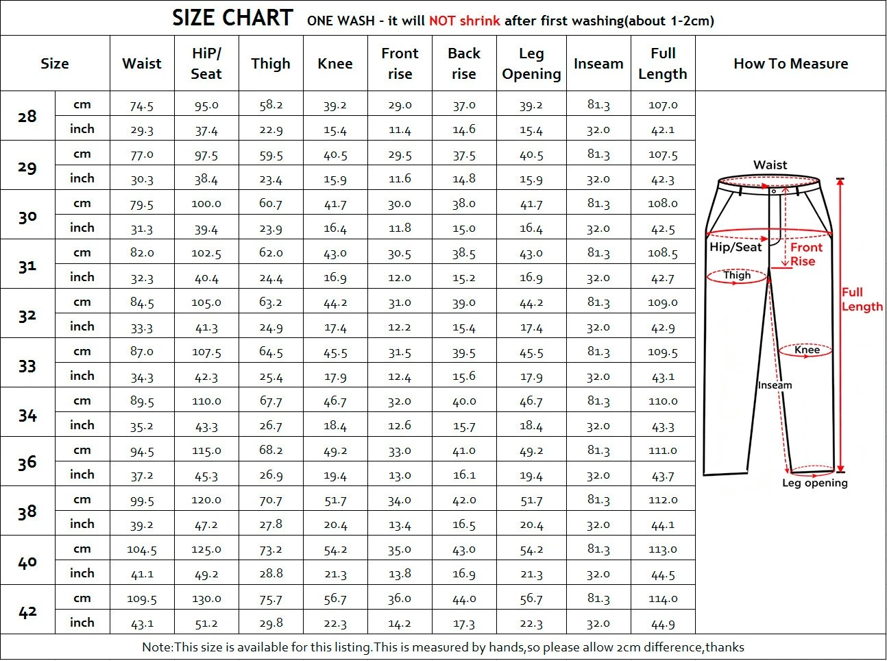 Red vintage 15oz washed denim jeans slim straight with front rip details, shown on size chart with measurements.