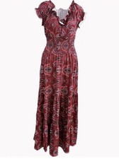 Red Satin Like Paisley Print Off Shoulder Maxi Dress M