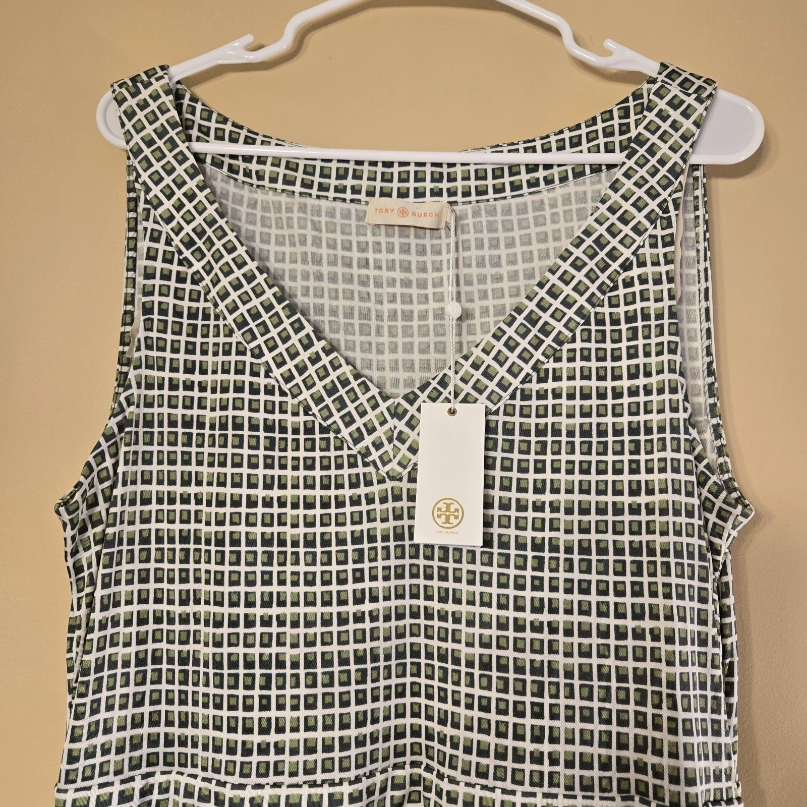 Abito Tory Burch Paris seta verde finestra doppio blocco senza maniche XL nuovo con etichette