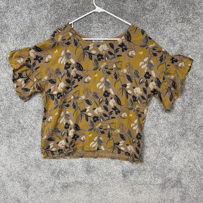 Vintage 80s Elena Baldi Blouse Medium Tan Linen Floral Boho Cottagecore Italy