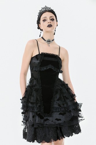 Dark In Love Women Black Gothic Bat Coffin Mesh Spliced Velvet Short Dress - Picture 3 of 22