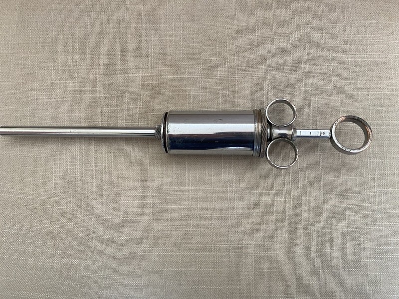 Vintage, Syringe For Animals, 2 oz. Dose, Chrome, For Veterinary and Farm Use.