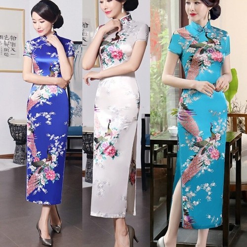 Lady Chinese Cheongsam Faux Silk Stain Dress Oriental Ball Gowns Long Qipao Sexy
