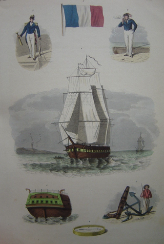 Gravure marine Bateau Navire Guerre Poupe Ancre Capitaine Marin