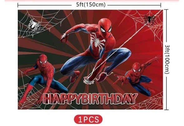 Banner de feliz cumpleaños Spider-Man, viene con globos azules rojos negros. Foto 2 de 4