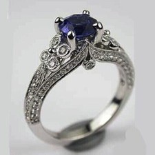 Vintage Art Deco Blue Sapphire Lab Created Diamond Engagement 925 Silver Ring