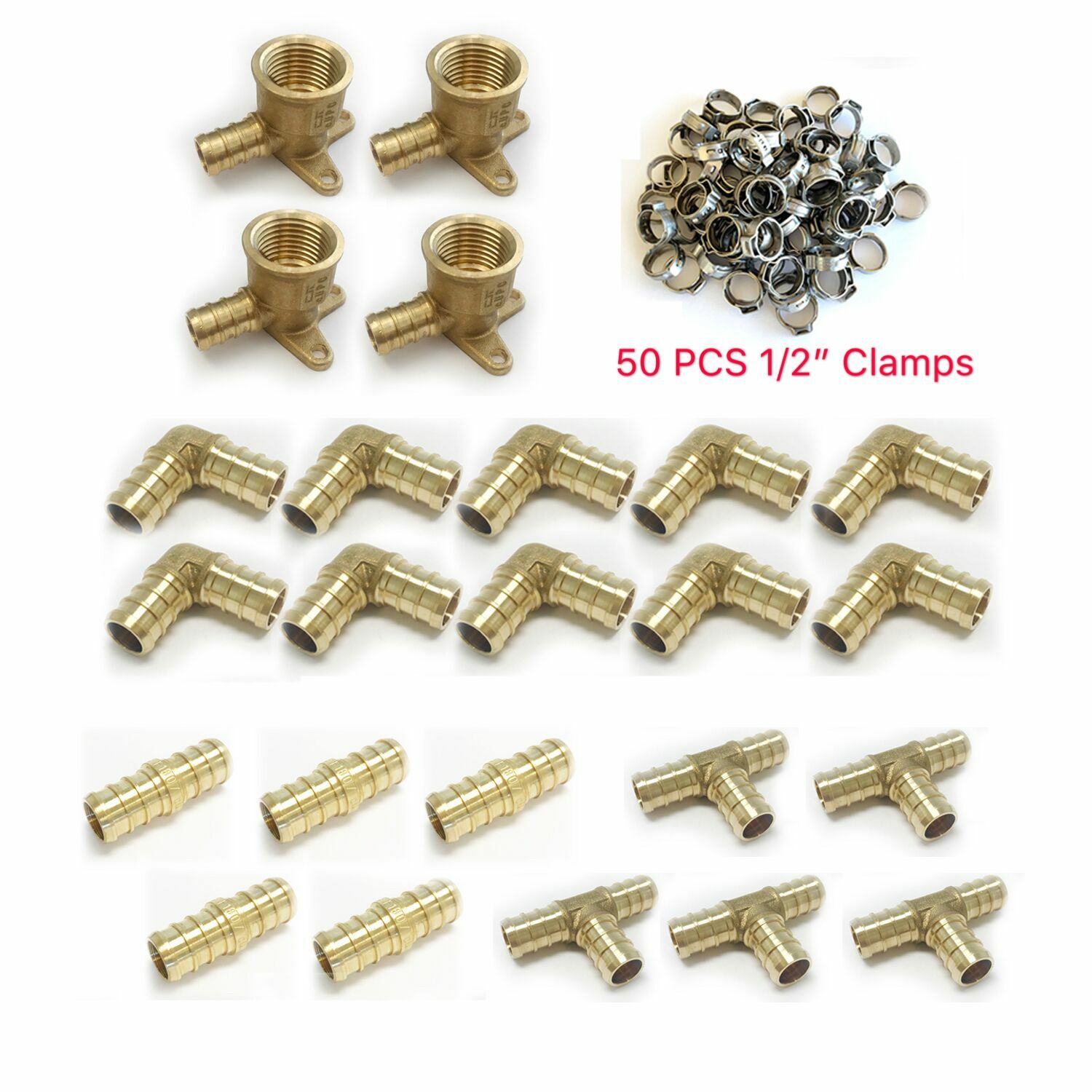 74PCS EFIELD 1/2" Pex Barb Crimp Brass Fitting: Drop-ear,Tee Elbow Coupler,Clamp